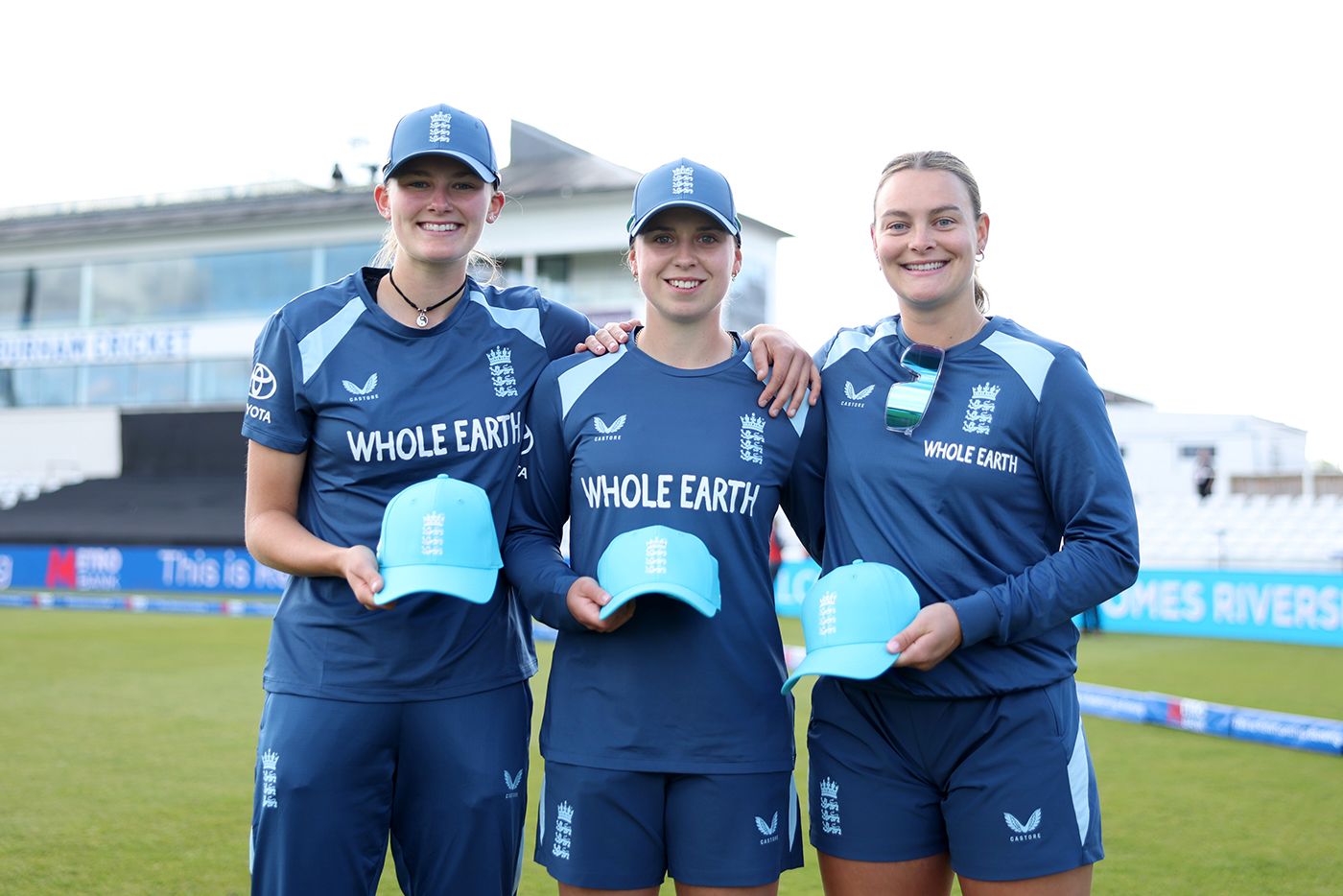 Tilly Corteen-Coleman, Jodi Grewcock and Dani Gibson with their ODI caps
