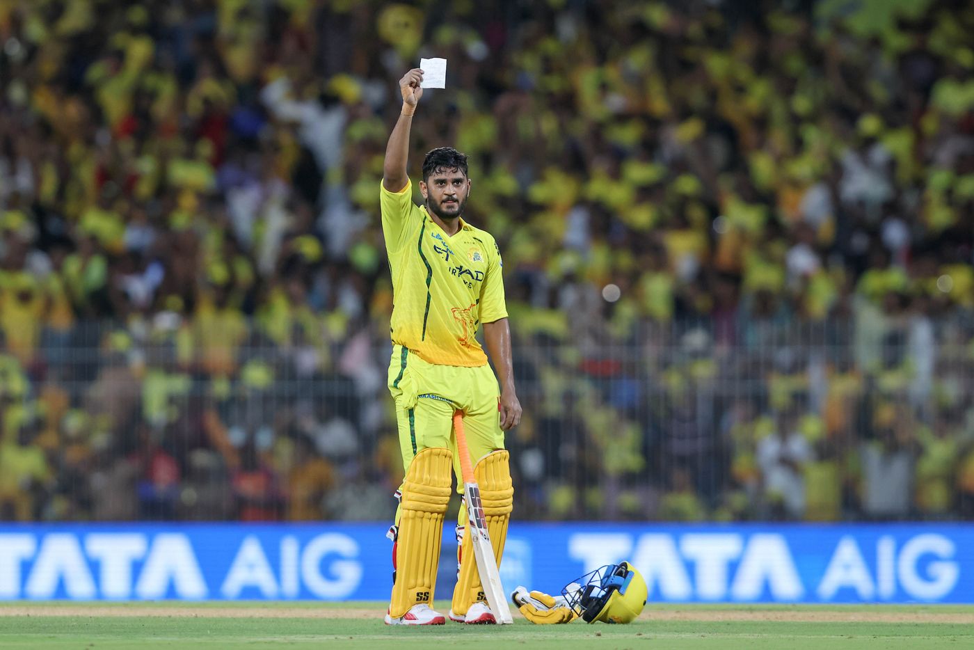 Urvil Patel celebrates after his 13-ball fifty