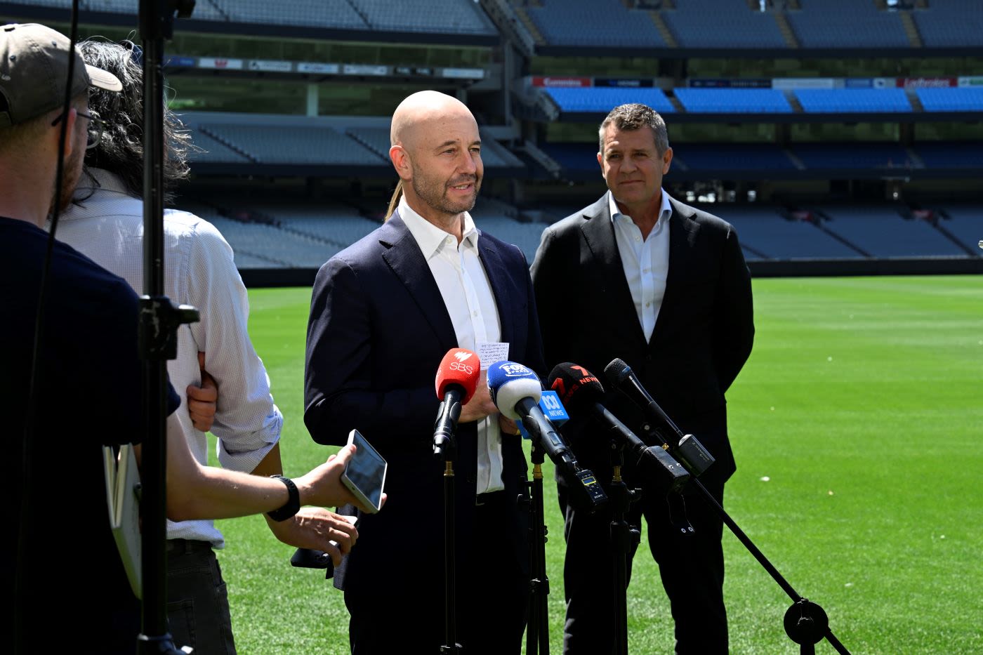 Cricket Australia CEO Todd Greenberg addresses the media alongside CA chair Mike Baird