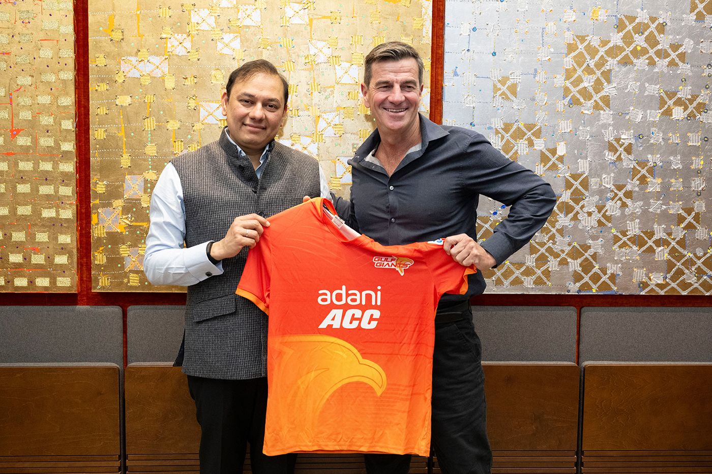 Simon Helmot poses with Gulf Giants owner Pranav Adani