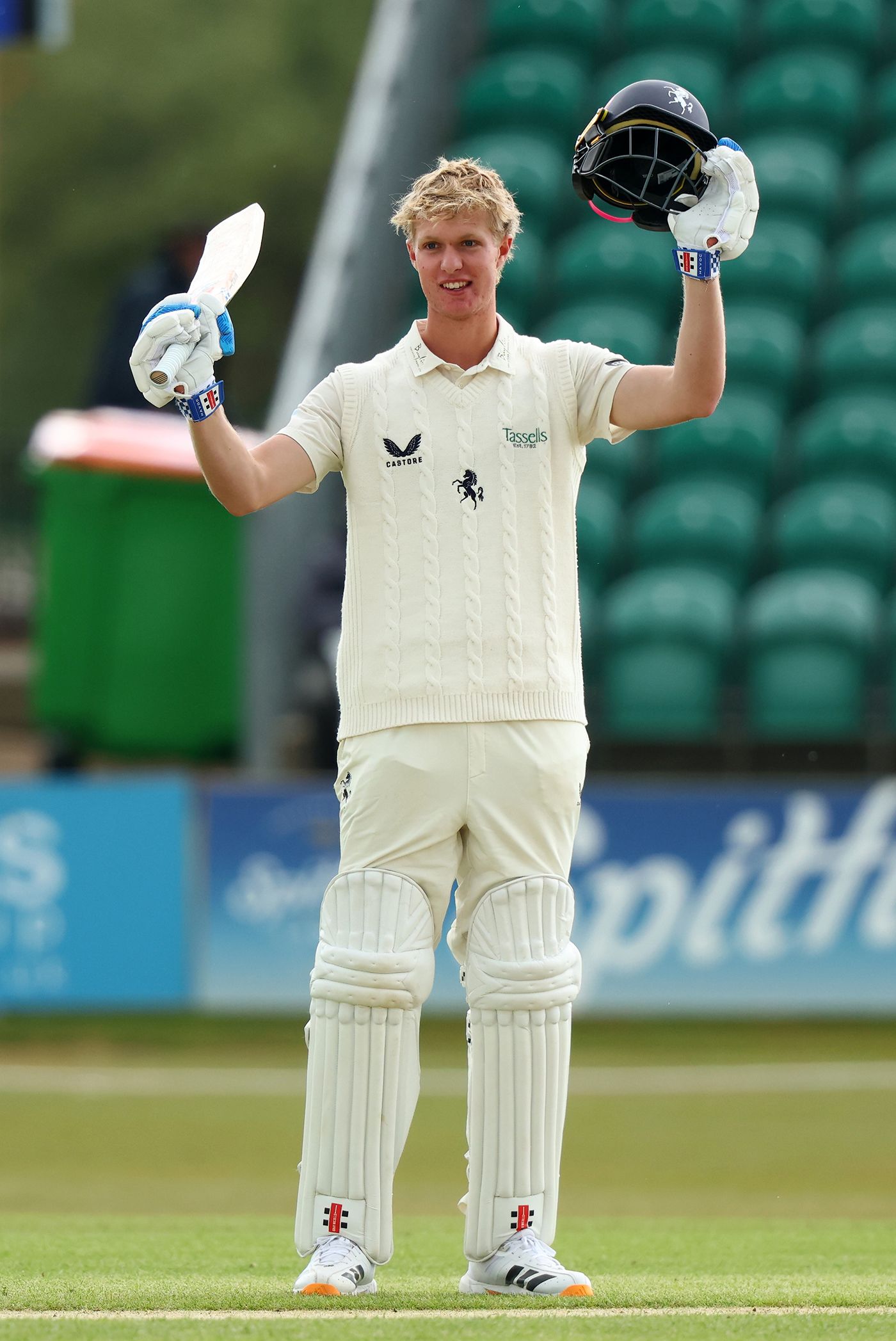 Ben Dawkins celebrates after scoring his maiden first-class hundred
