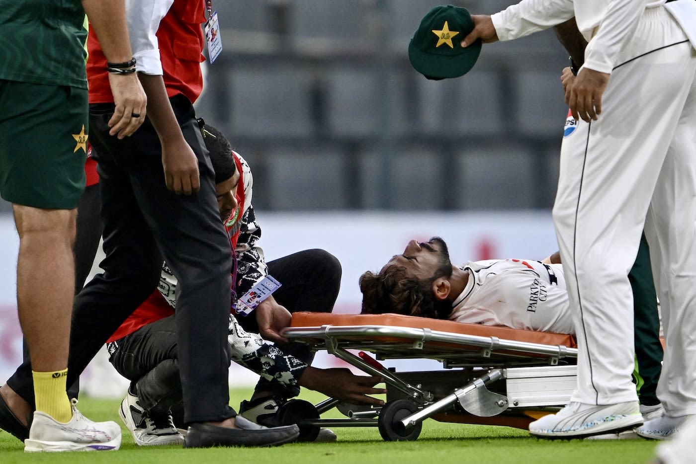 Hasan Ali was stretchered off after hitting his head on the floor