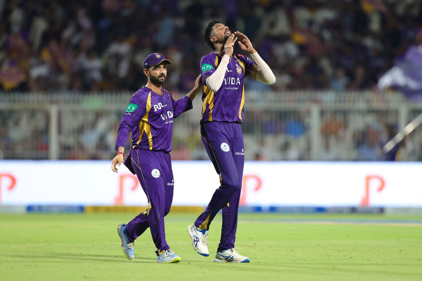 Saurabh Dubey celebrates his first IPL wicket