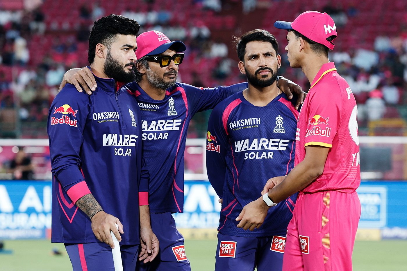 Riyan Parag, Kumar Sangakkara, Dhruv Jurel and Yashasvi Jaiswal have a chat