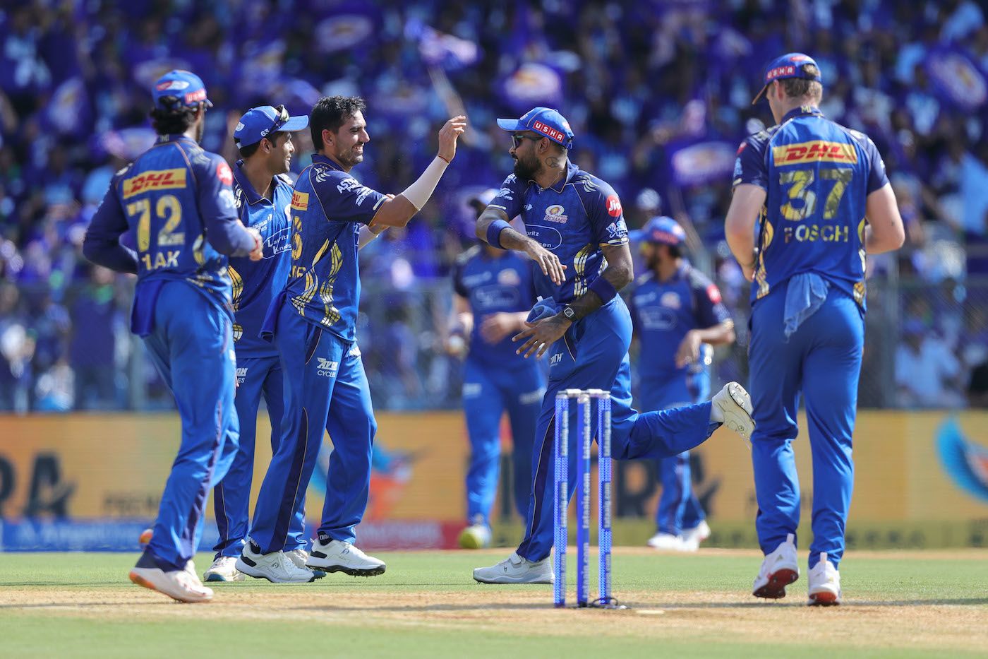 Deepak Chahar and Hardik Pandya celebrate Vaibhav Sooryavanshi's wicket