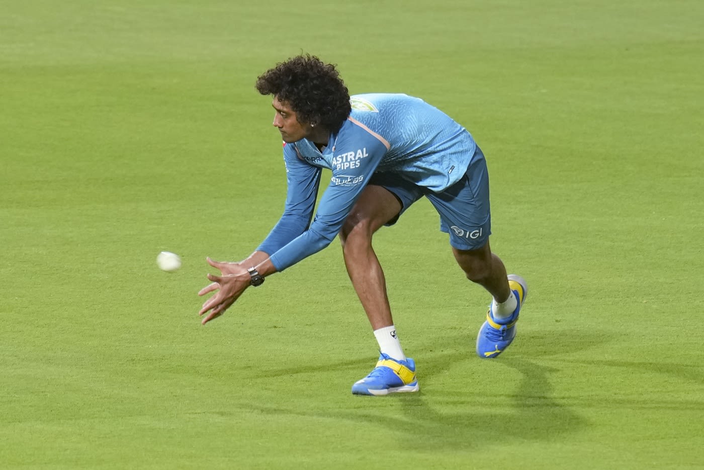 R Sai Kishore hones his fielding skills during a training session