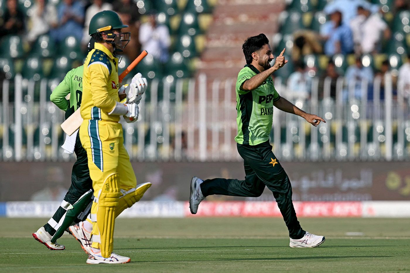 Abrar Ahmed struck in his first over to remove Alex Carey