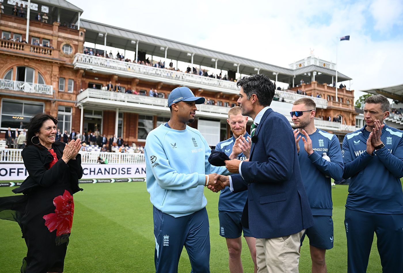 Emilio Gay is presented with his Test cap by Sir Alastair Cook