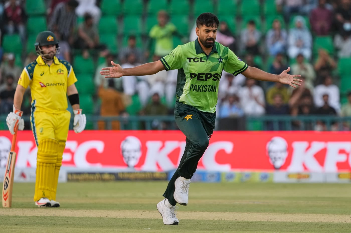 Haris Rauf celebrates after getting rid of Alex Carey
