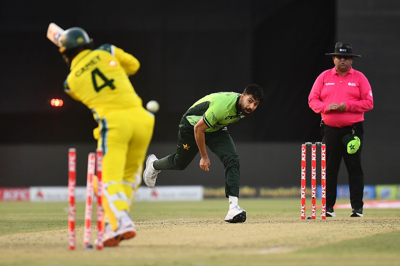Haris Rauf burst through Alex Carey at a key moment