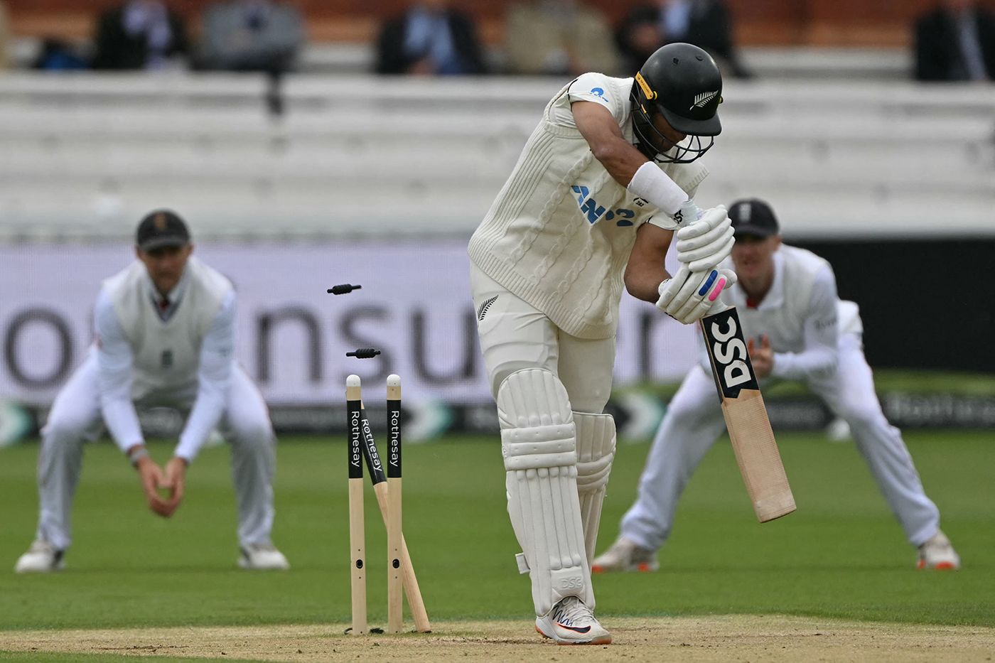 Rachin Ravindra has his off stump pegged back