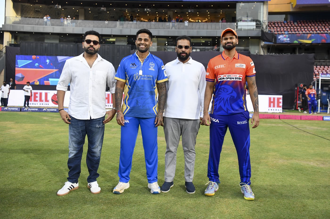 Rohit Sharma, Suryakumar Yadav and Shreyas Iyer pose with MCA President Ajinkya Naik at the T20 Mumbai League