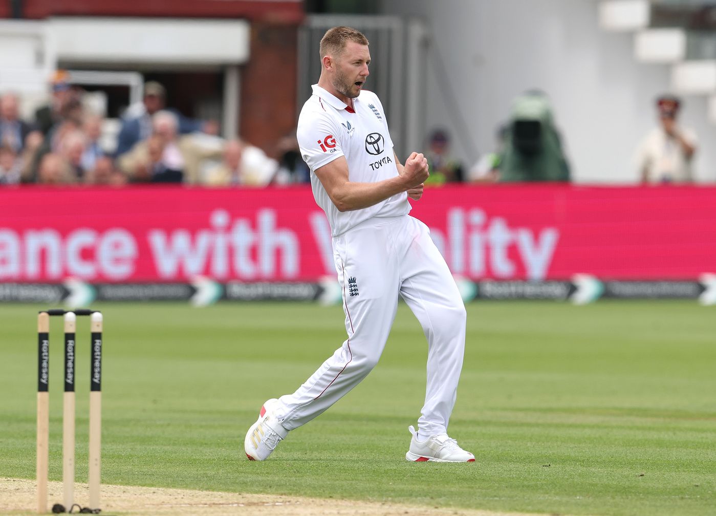 Gus Atkinson celebrates his fourth wicket