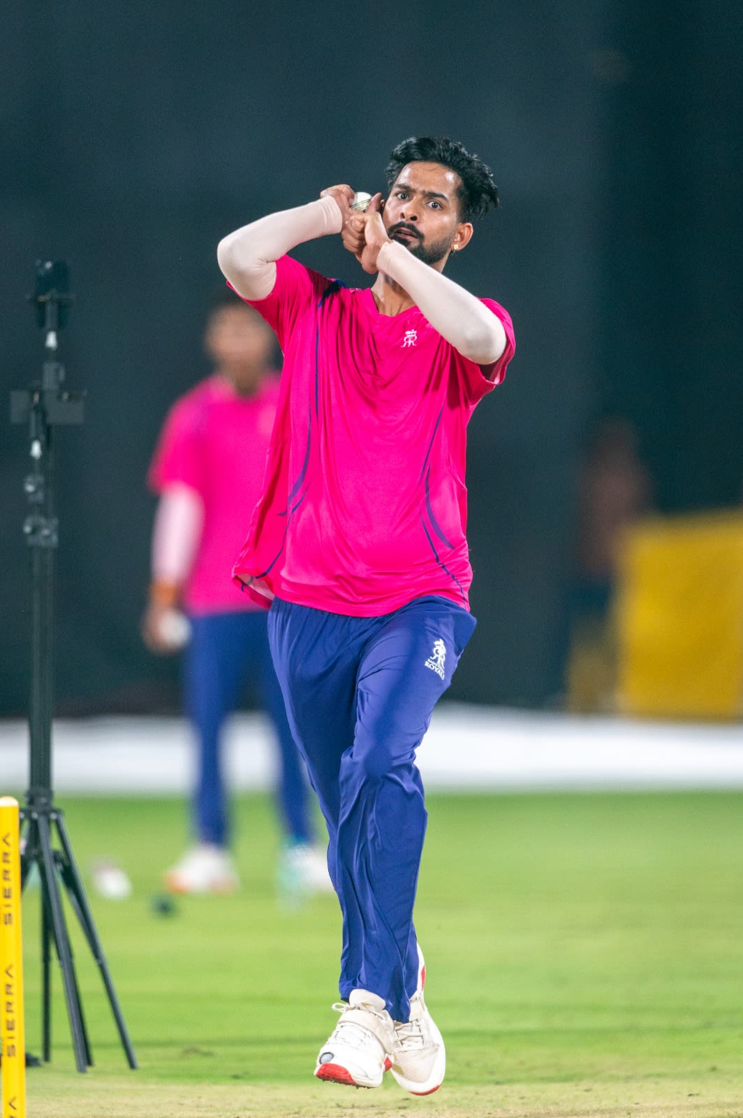 Sumit Sharma bowls in the Rajasthan Royals nets