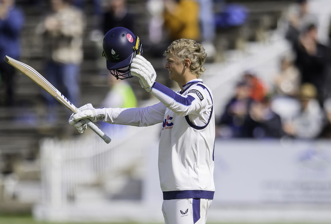 Will Luxton celebrates reaching his maiden first-class hundred