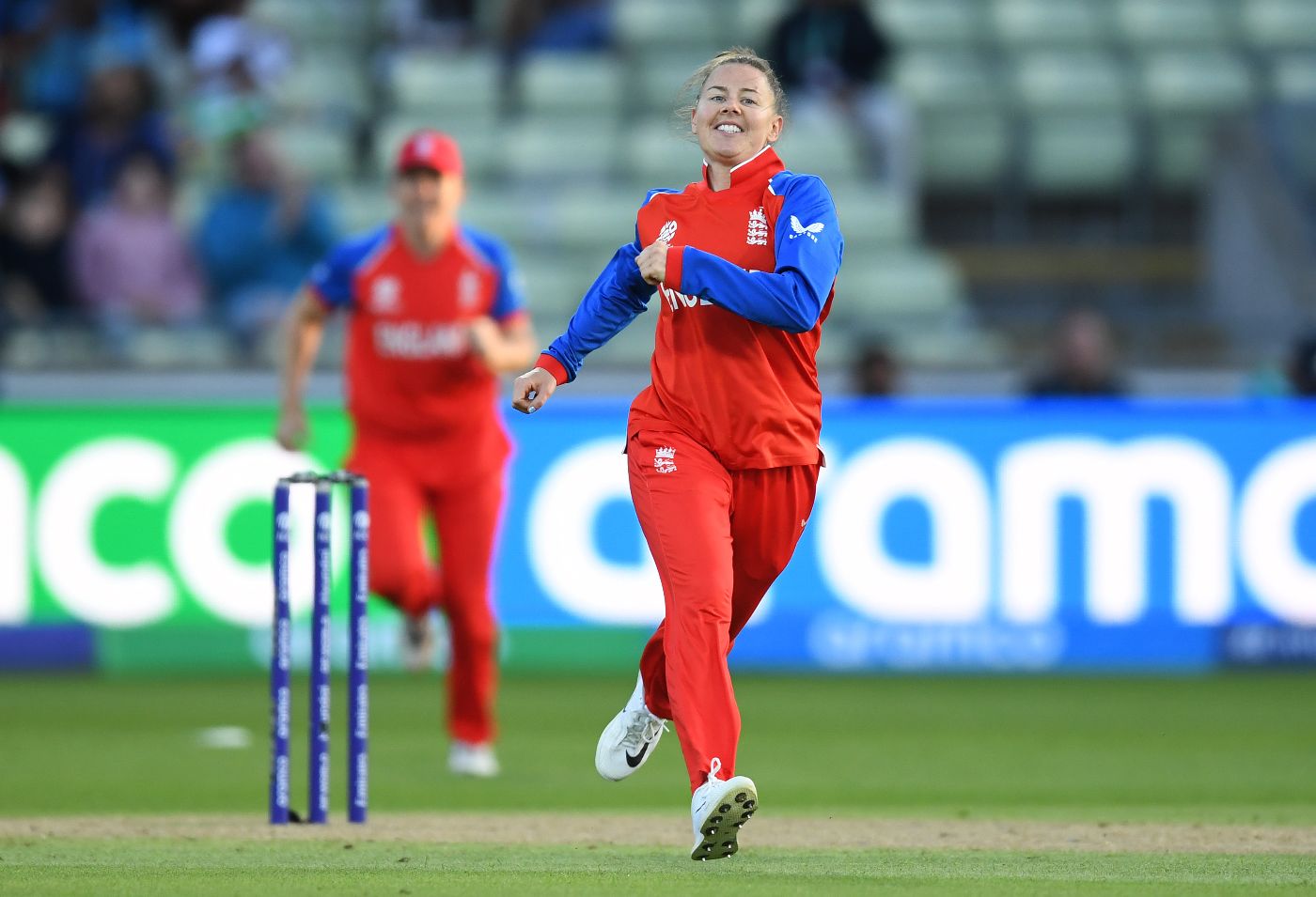 Linsey Smith celebrates her first wicket of the T20 World Cup