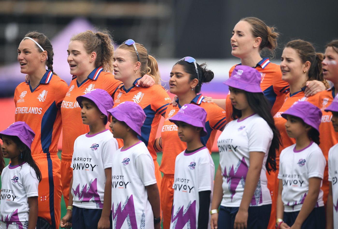 Netherlands, led by Babette de Leede, sing the anthem at their first T20 World Cup game