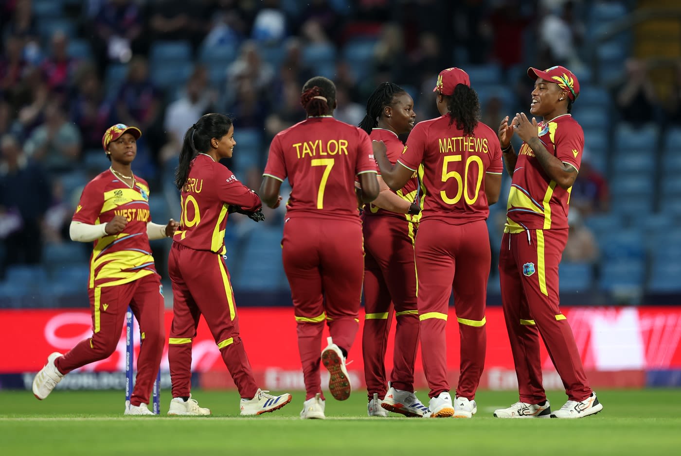 West Indies celebrate after Aaliyah Alleyne caught and bowled Darcey Carter