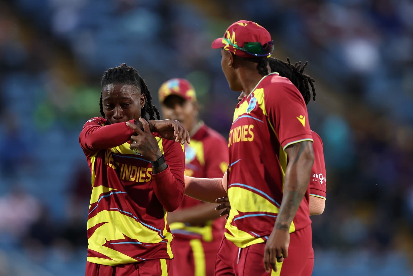 Deandra Dottin is inconsolable after being hit for runs