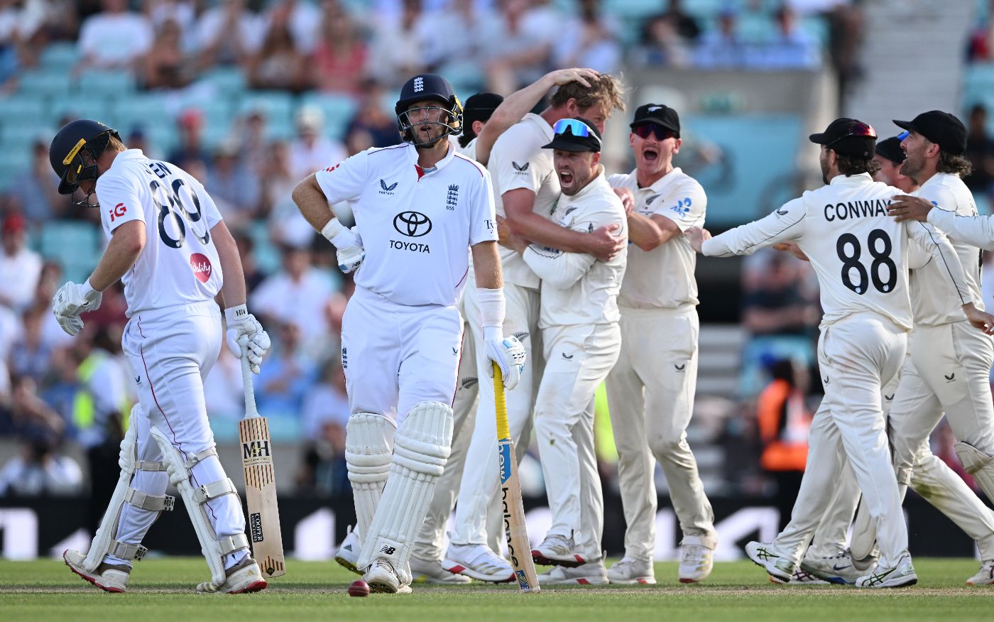 Joe Root looks nonplussed as James Rew falls lbw to Kyle Jamieson