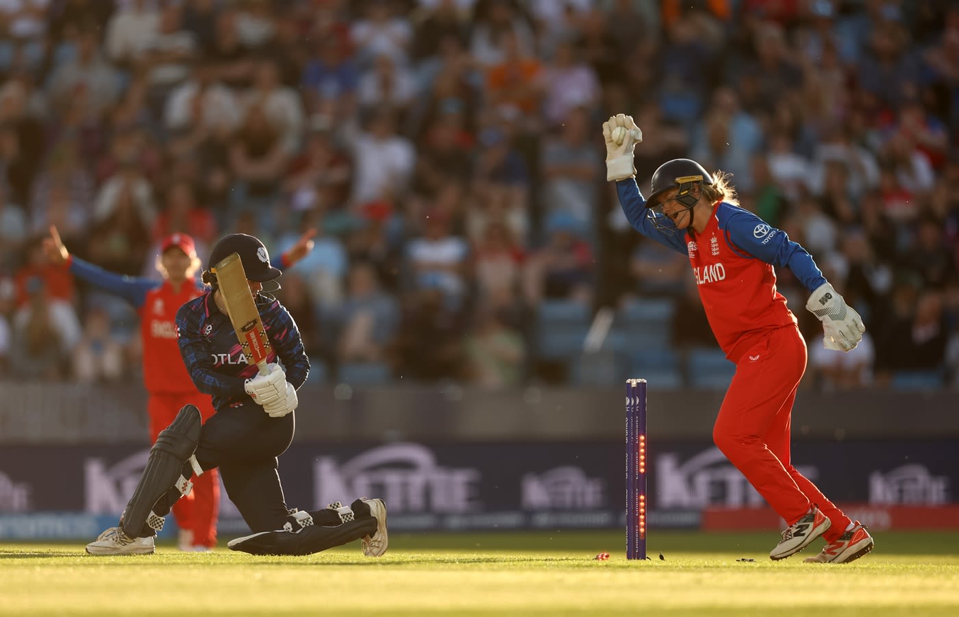 Katherine Fraser is bowled by Charlie Dean