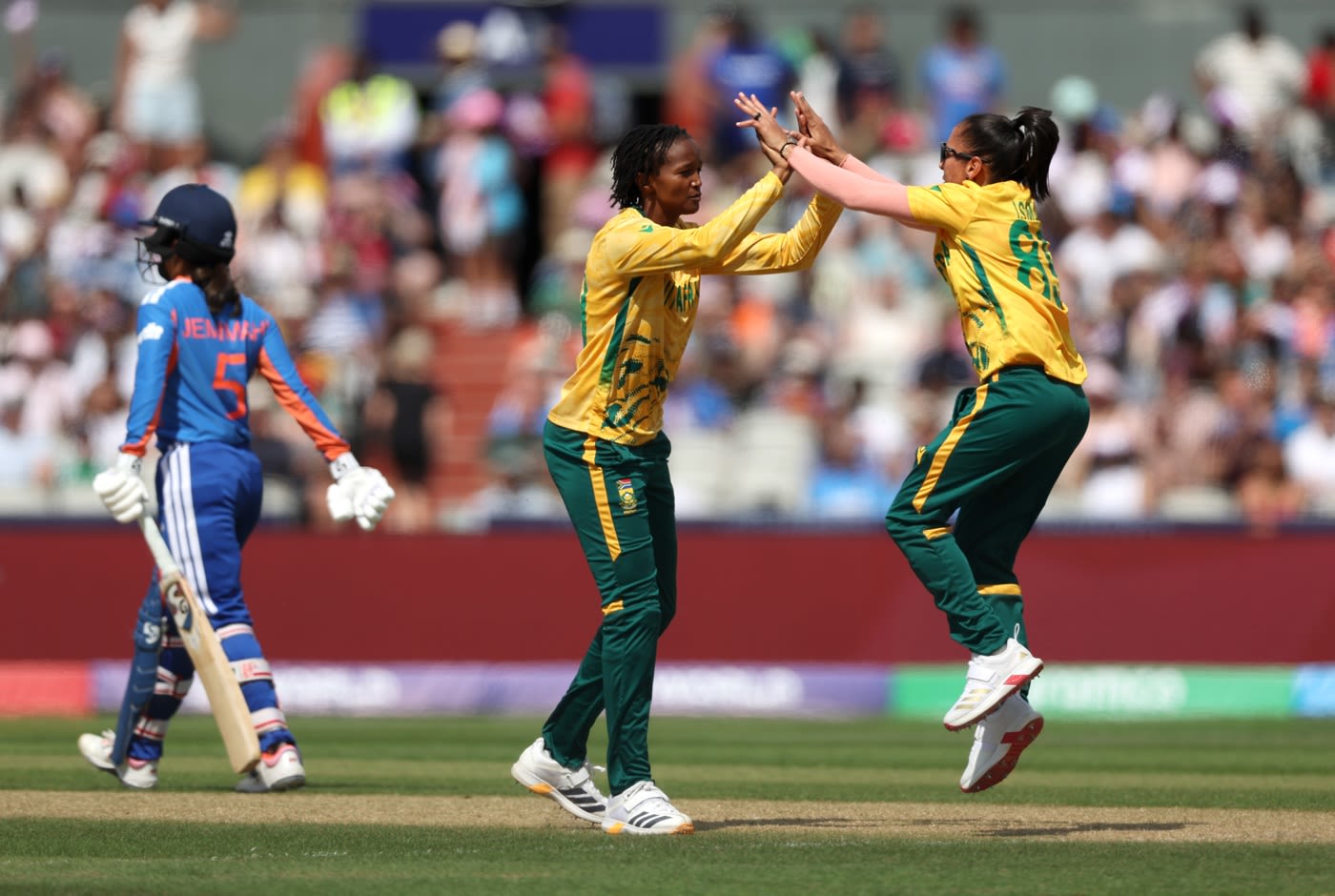 Ayabonga Khaka and Shabnim Ismail celebrate after Yastika Bhatia fell