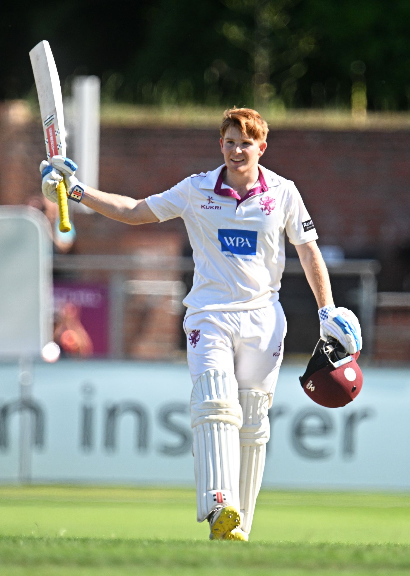 Thomas Rew brings up his century against Warwickshire