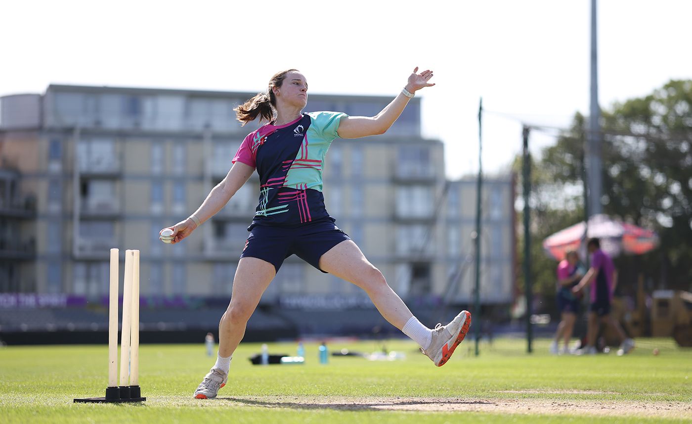 Hannah Rainey bowls in the Scotland nets