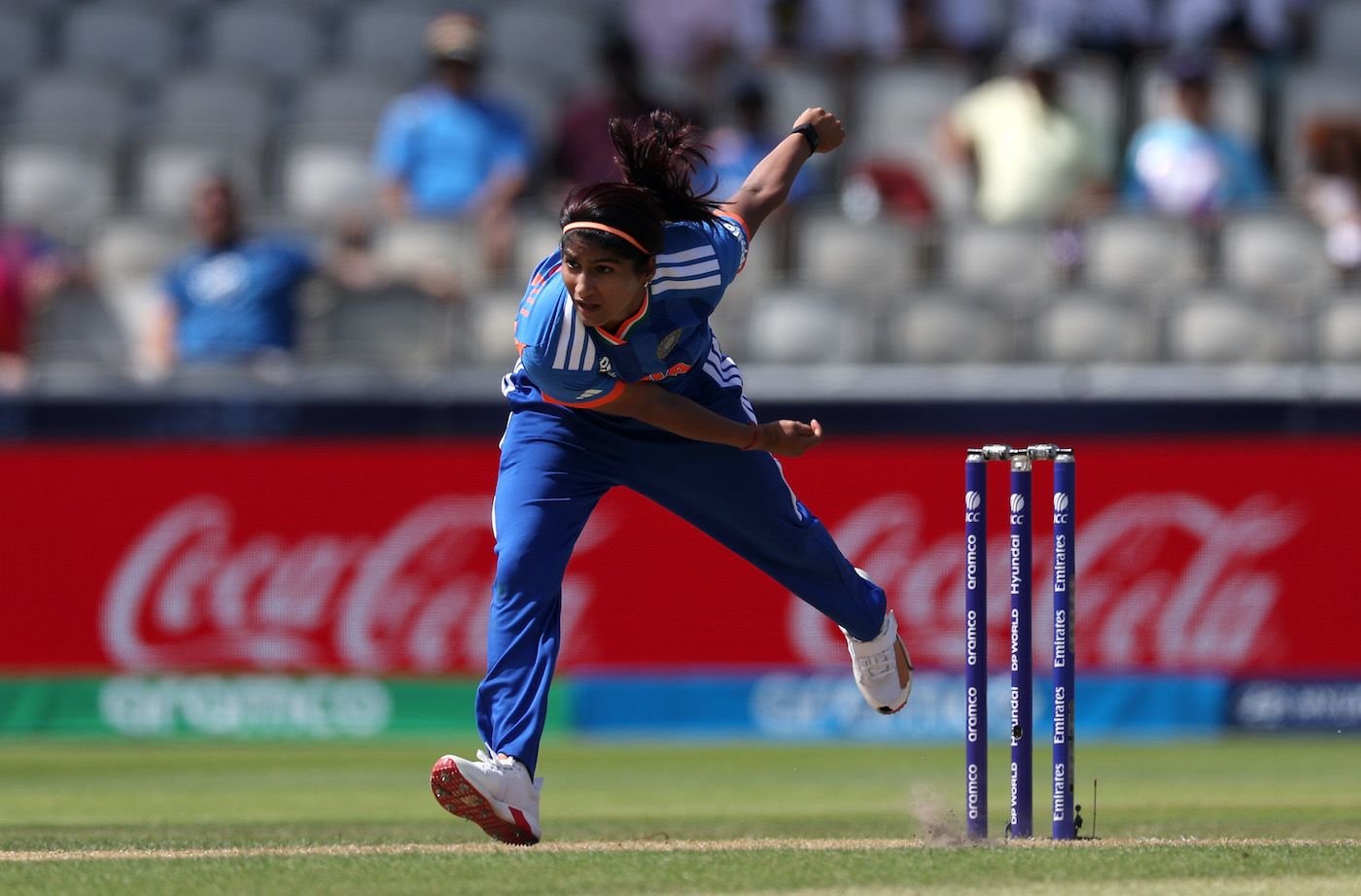 Nandani Sharma got two official warnings for running on the danger area in her first two overs
