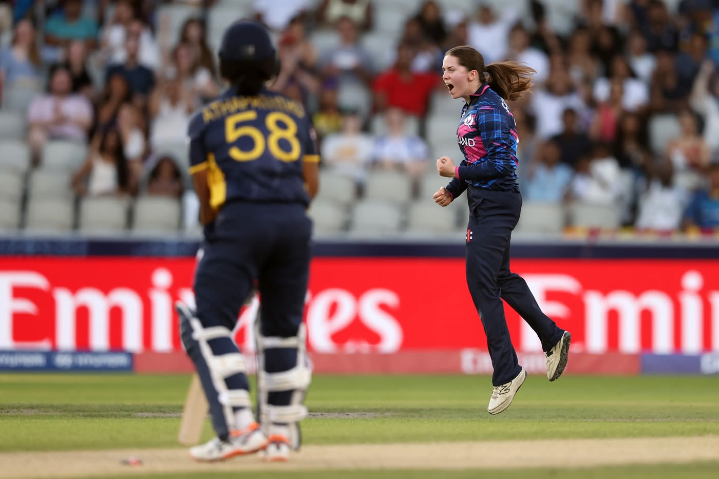 Katherine Fraser celebrates after dismissing Chamari Athapaththu