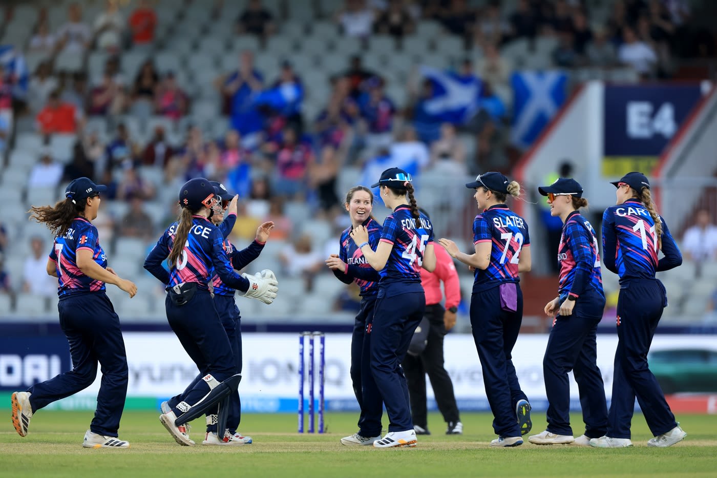 Katherine Fraser and Co celebrate Hansima Karunaratne's wicket
