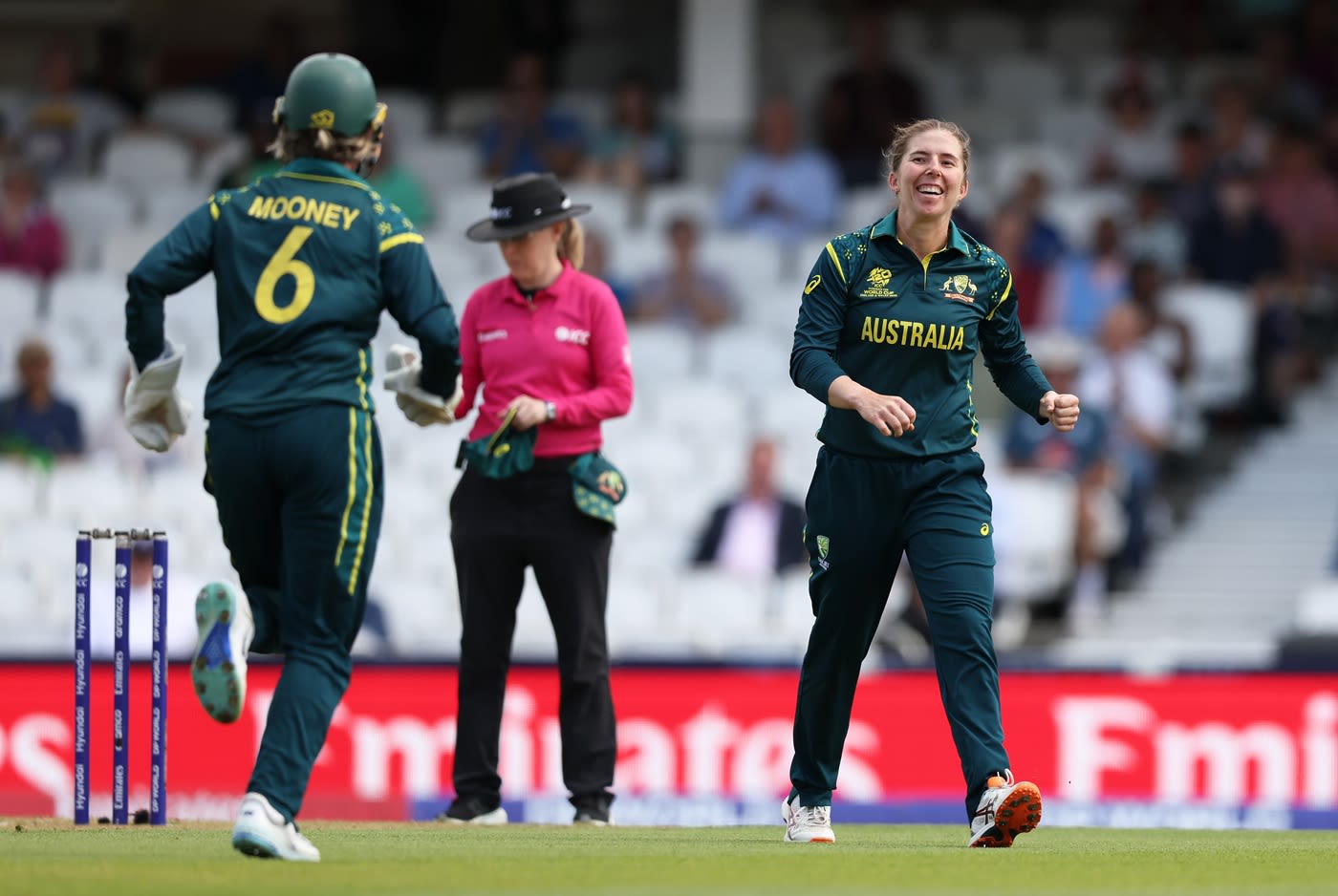 Georgia Wareham's wide grin indicates the importance of Hayley Matthews' wicket