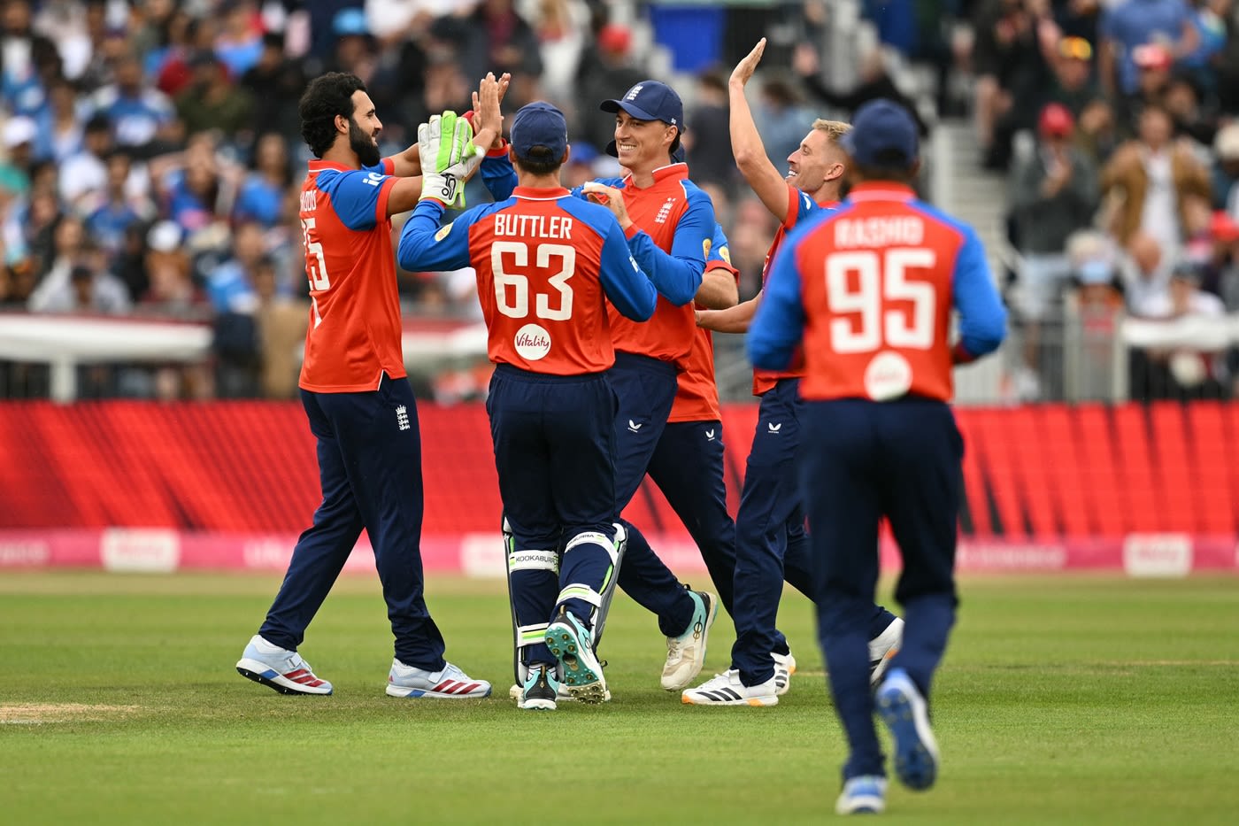 Saqib Mahmood celebrates the dismissal of Sanju Samson