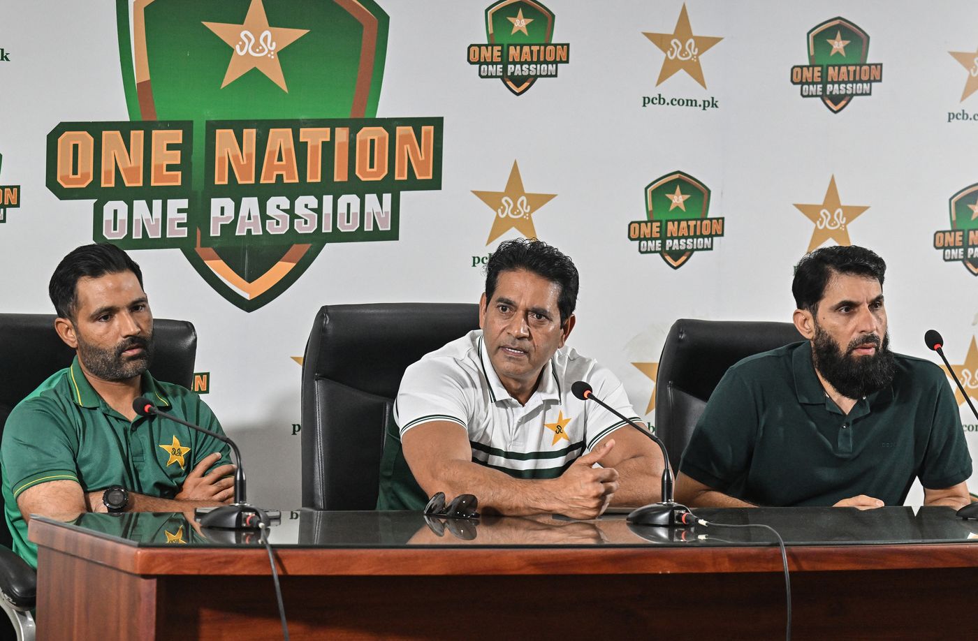 Asad Shafiq, Aaqib Javed and Misbah-ul-Haq address a press conference