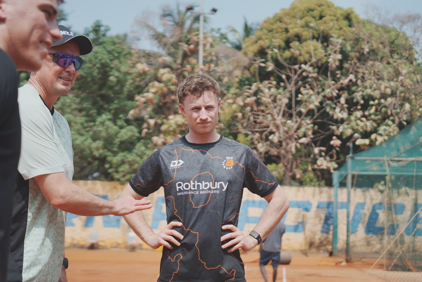 Matt Fisher with NZC coach Graeme Aldridge and Canterbury allrounder Cam Paul in Chennai