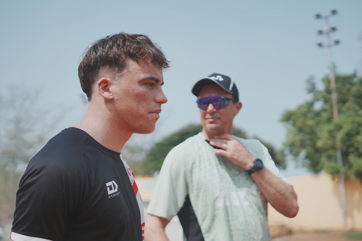 Cam Paul has a chat with NZC coach Graeme Aldridge at the Super Kings Academy