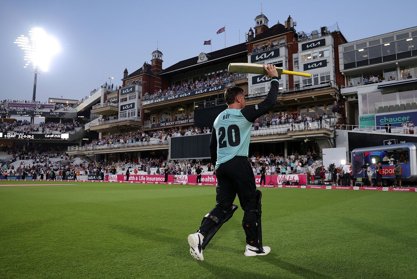 Jason Roy salutes the crowd after making a match-winning century