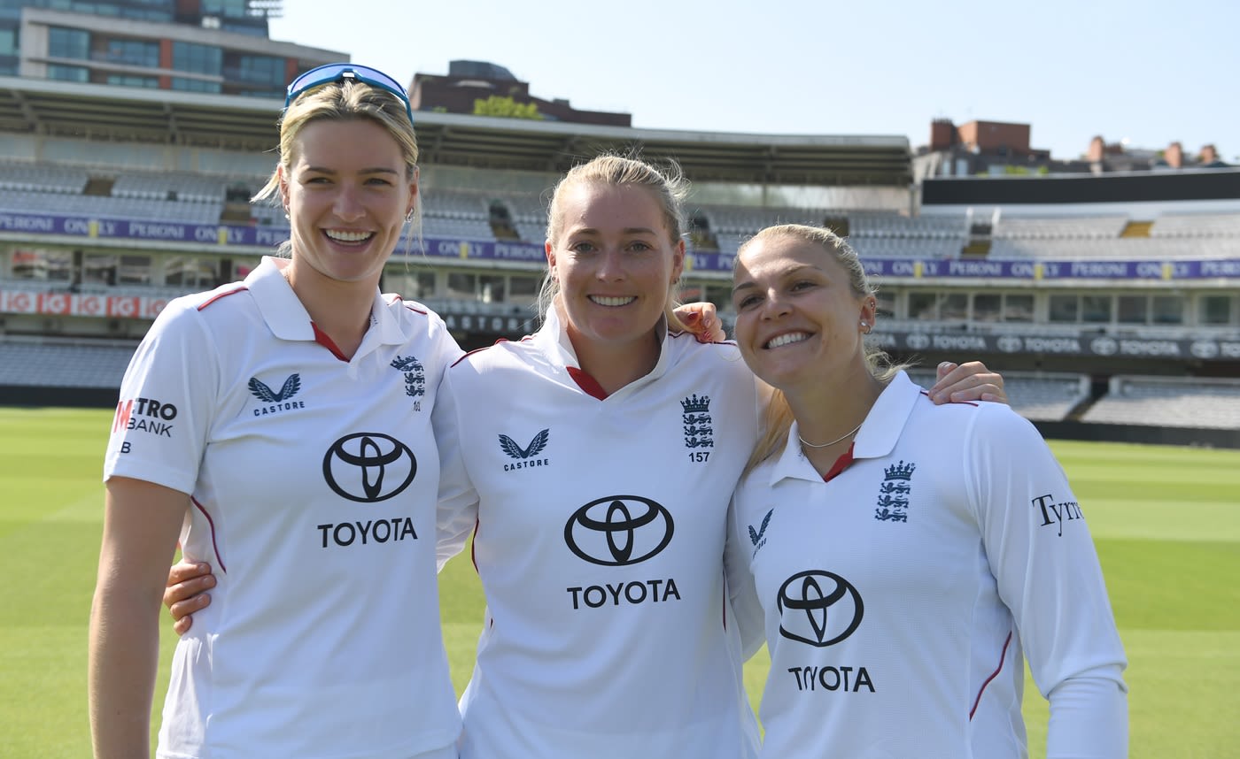 Lauren Bell, Sophie Ecclestone and Eleanor Threlkeld ahead of the one-off Test