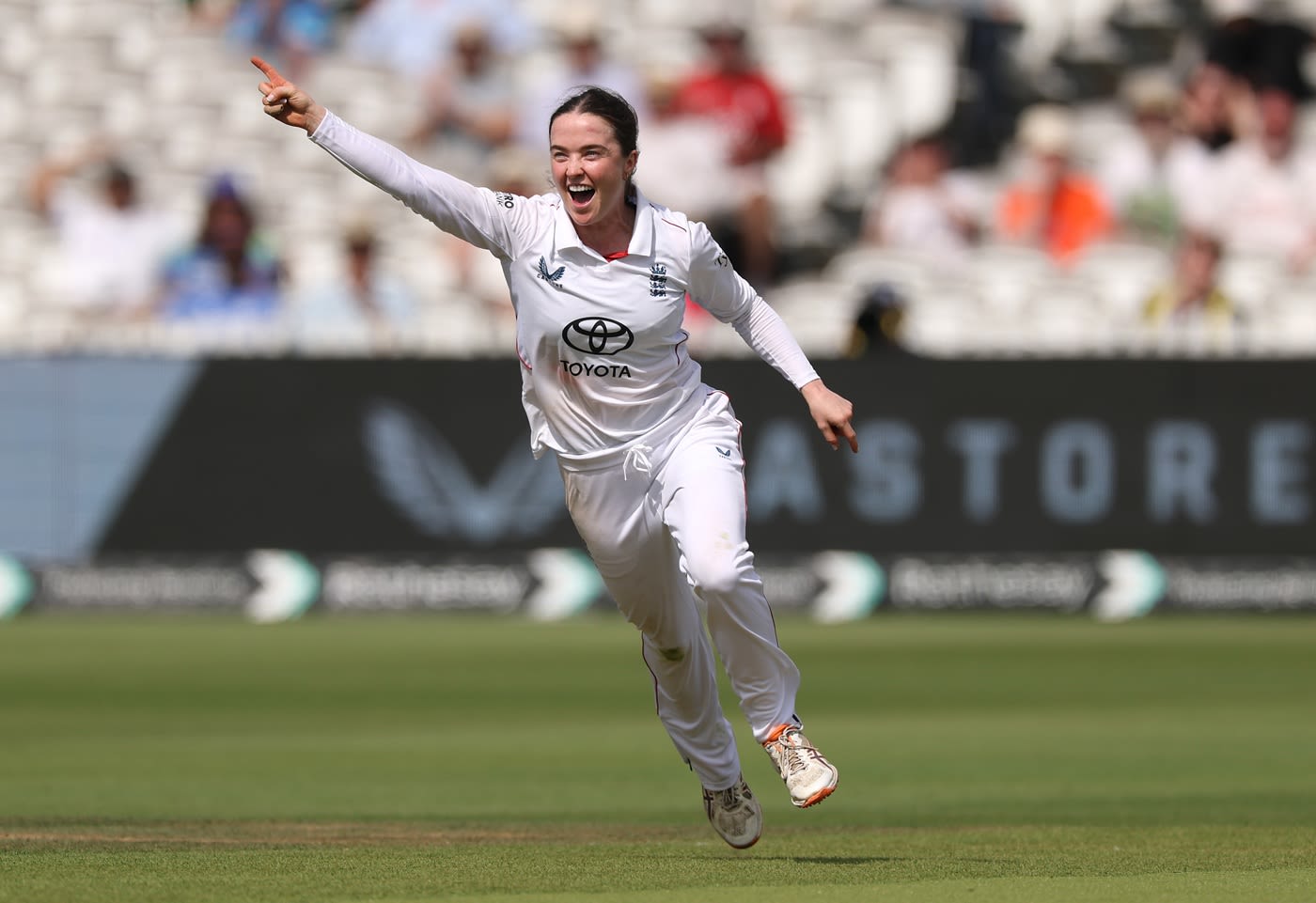 Mady Villiers wheels away after taking her first Test wicket