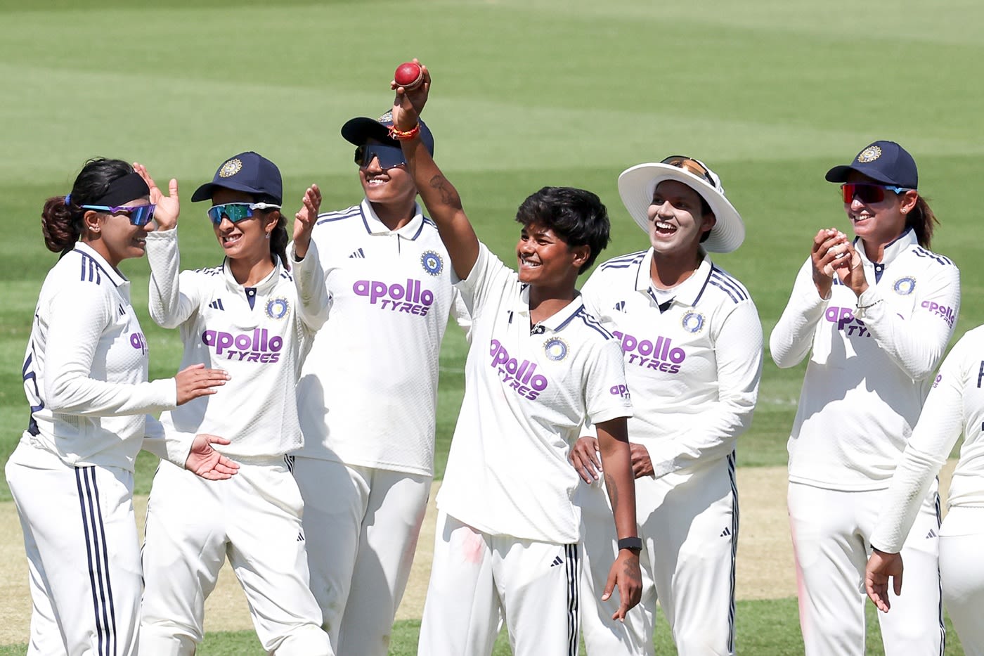 Kranti Gaud holds the ball up after picking up a five-wicket haul