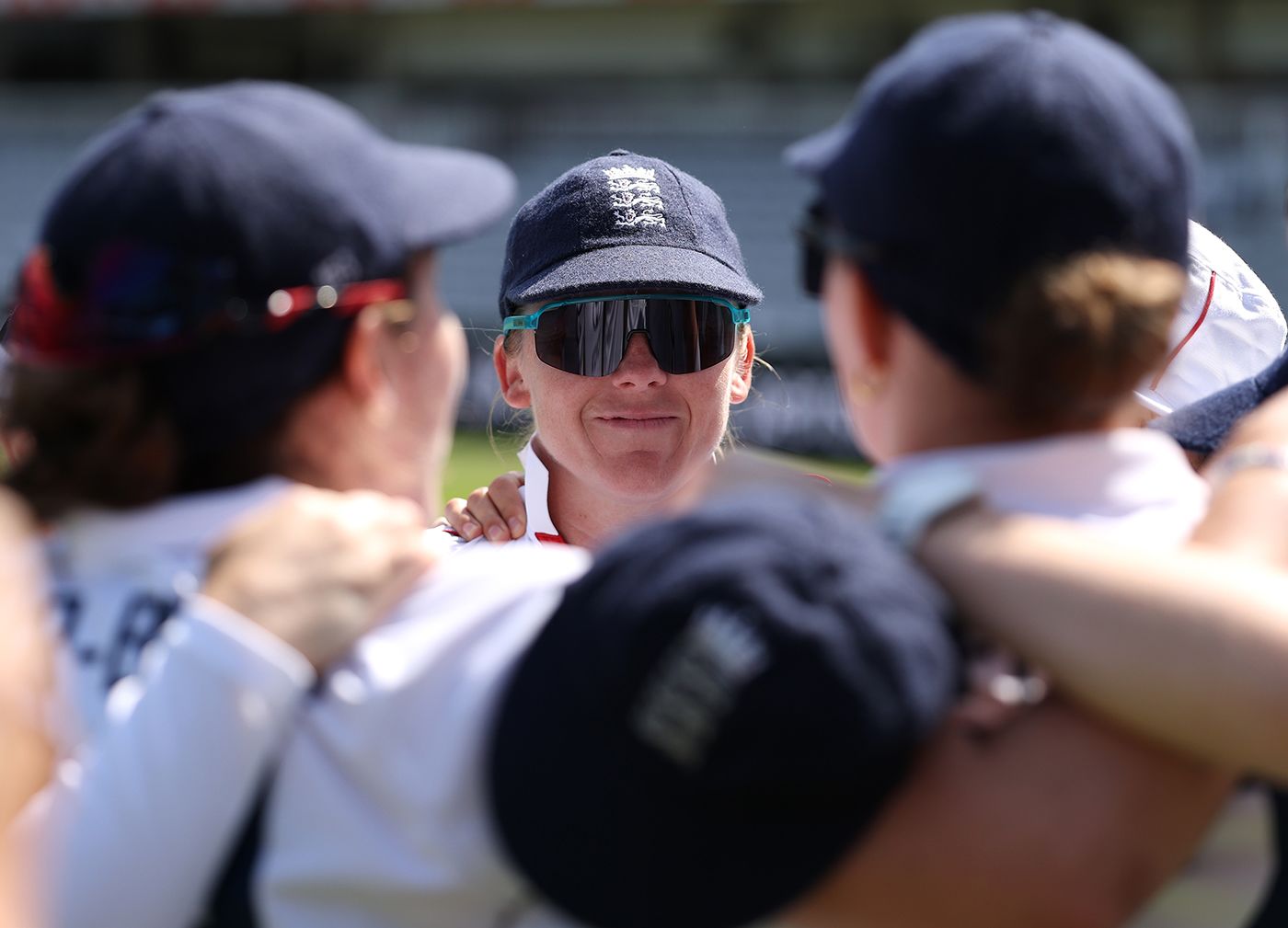 Heather Knight in the team huddle on the third morning