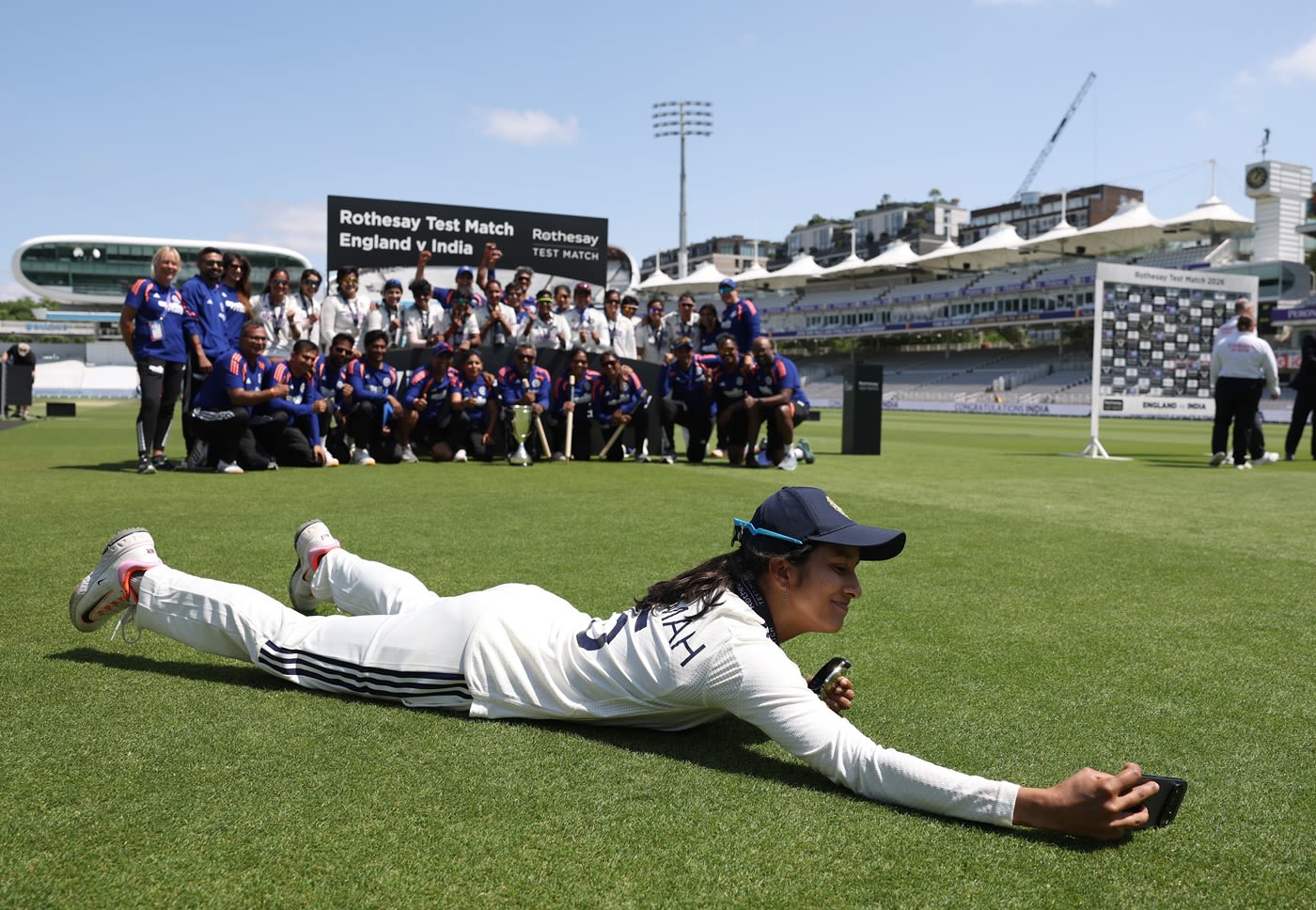 Jemimah Rodrigues takes her customary winning selfie with the team