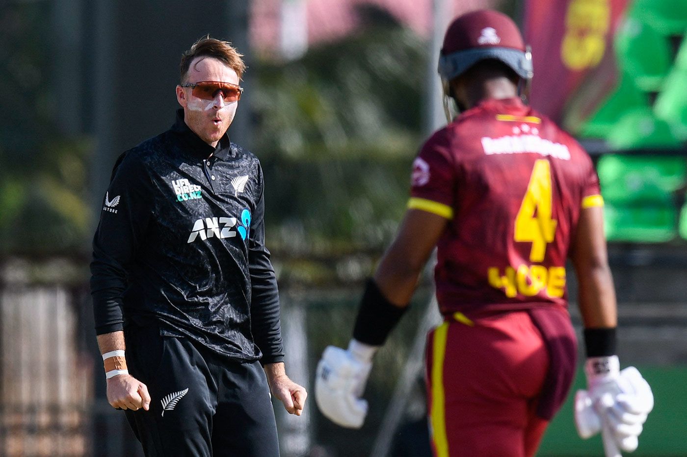 Jayden Lennox celebrates the wicket of Shai Hope