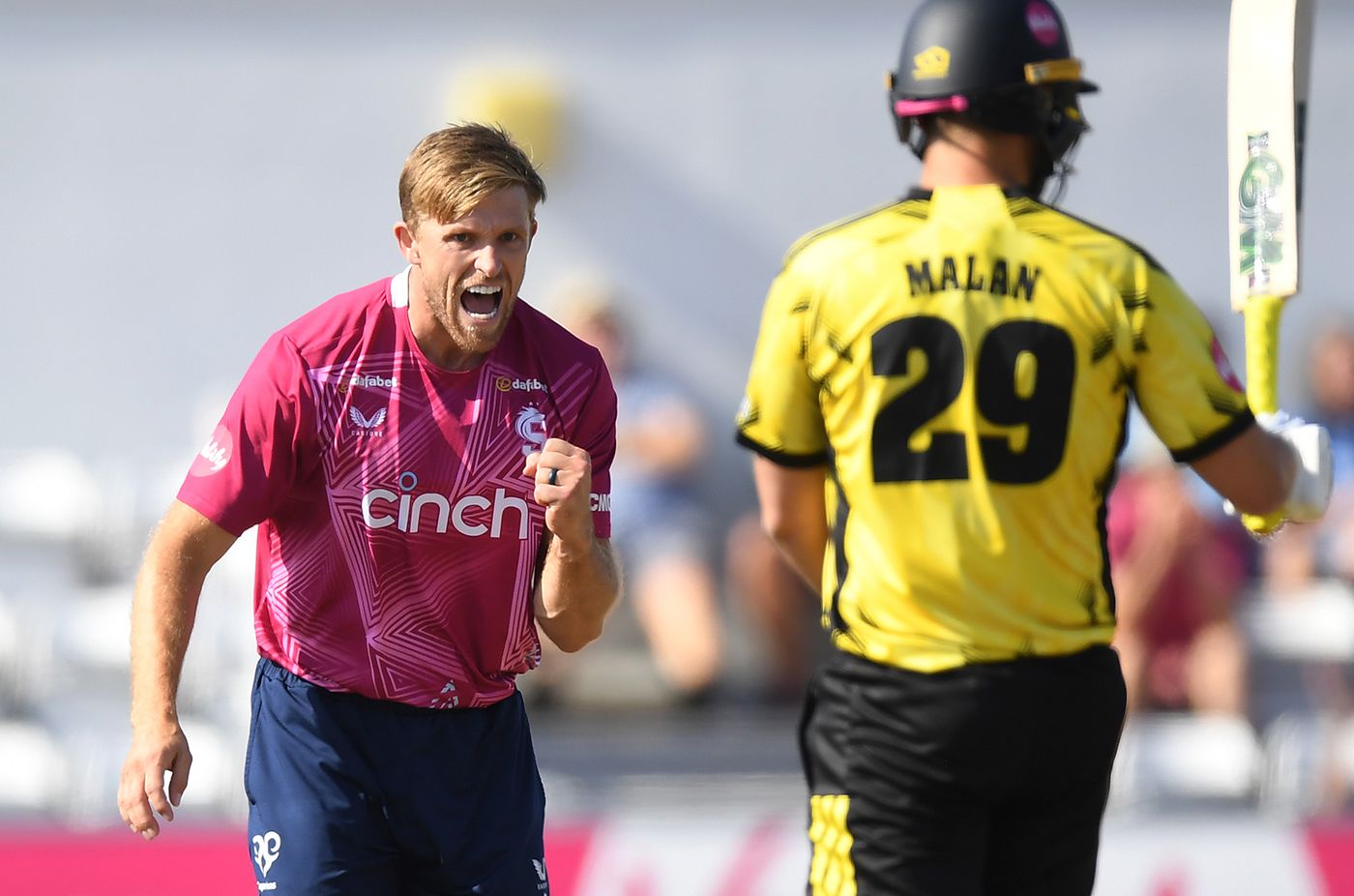 David Willey celebrates the early wicket of his former Yorkshire and England team-mate Dawid Malan