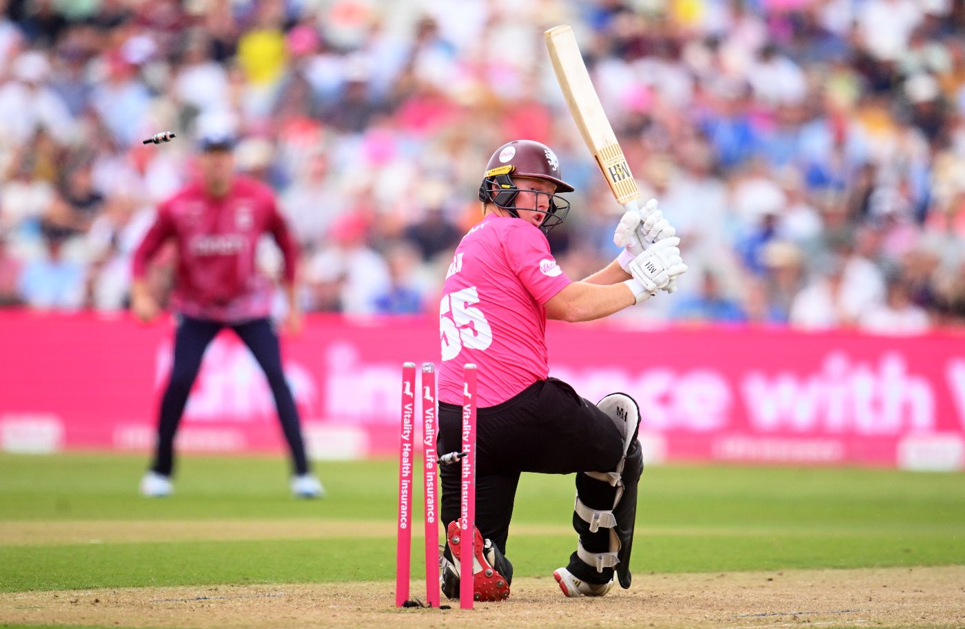 James Rew is bowled behind his legs