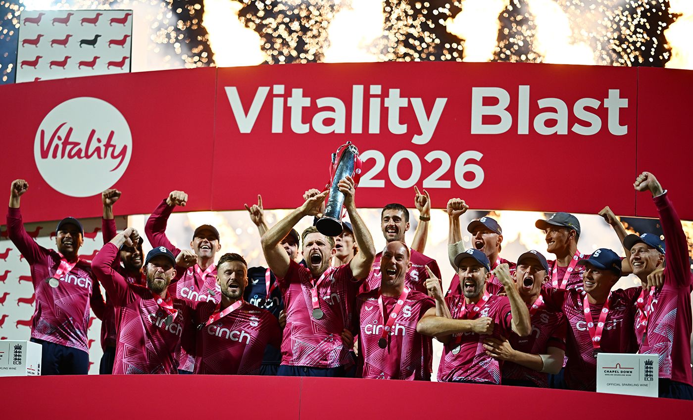 David Willey lifts the T20 Blast trophy as his team-mates celebrate