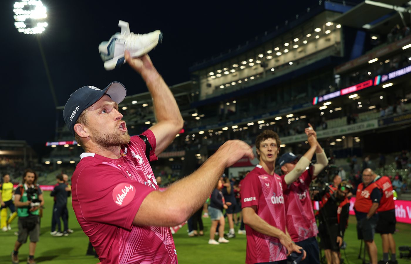 David Willey celebrates victory with the Northants fans