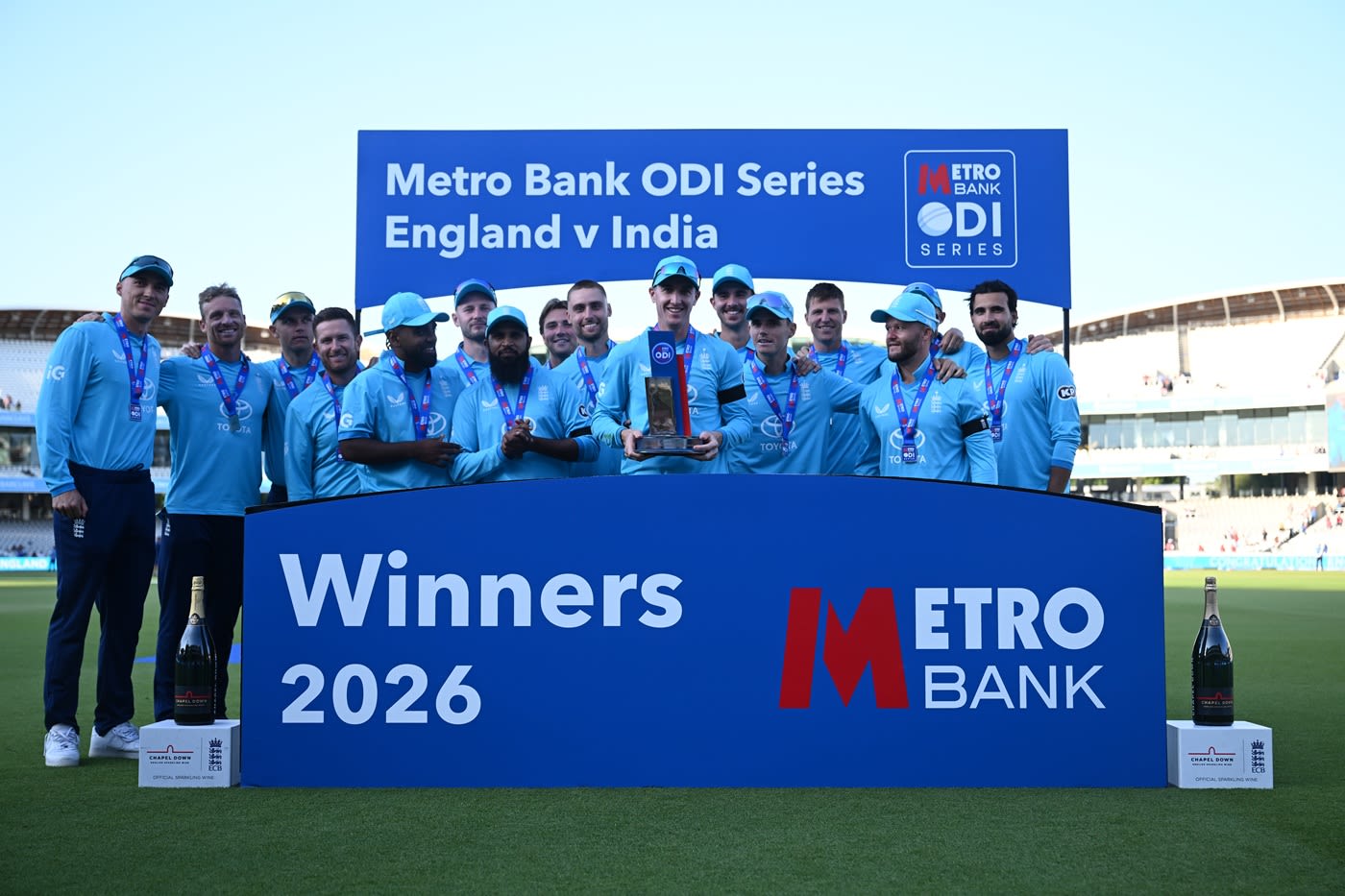 The England team celebrate a 2-1 ODI series win over India
