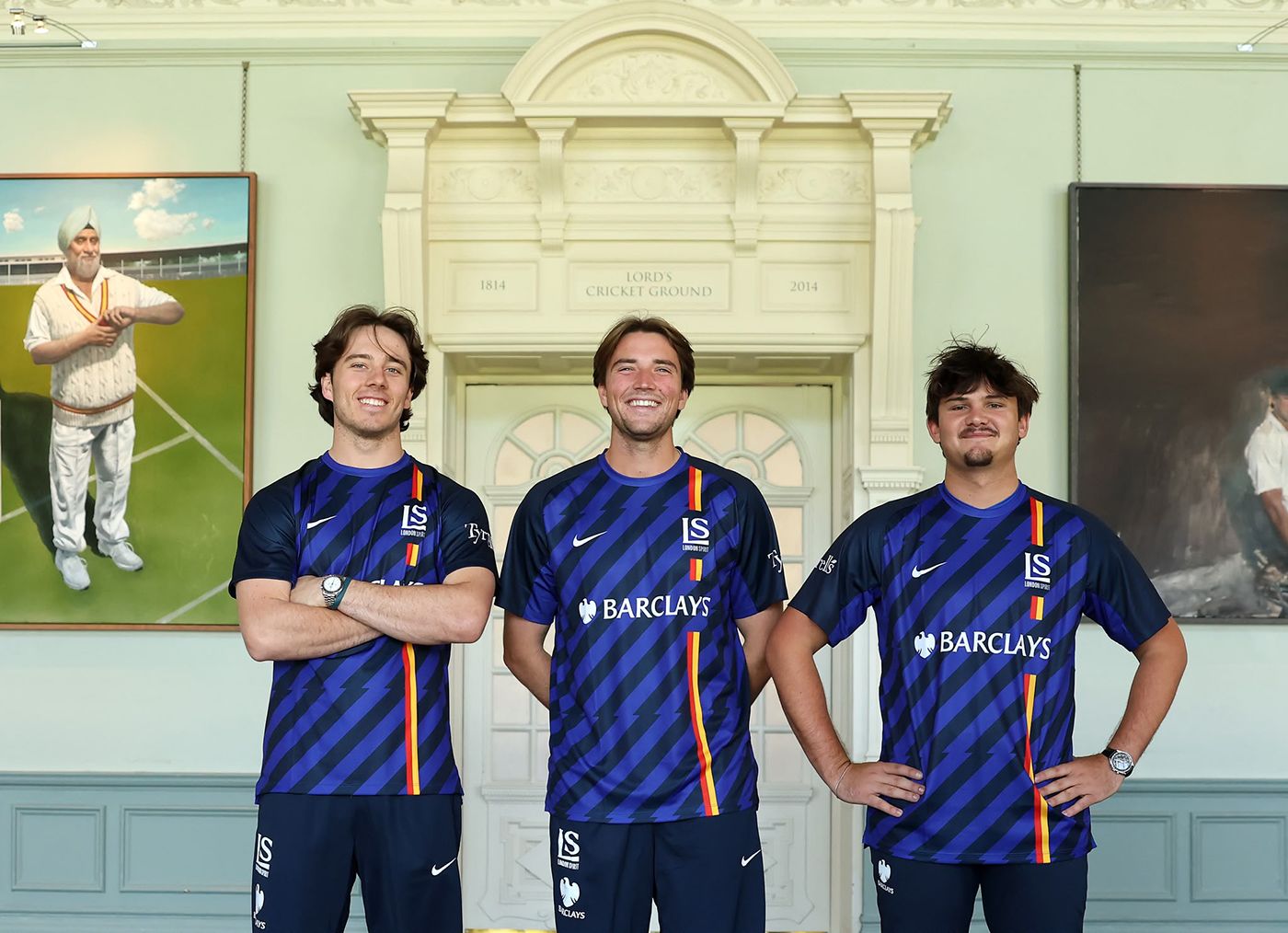 Dewald Brevis, James Coles and Lhuan-dre Pretorius pose in London Spirit kit