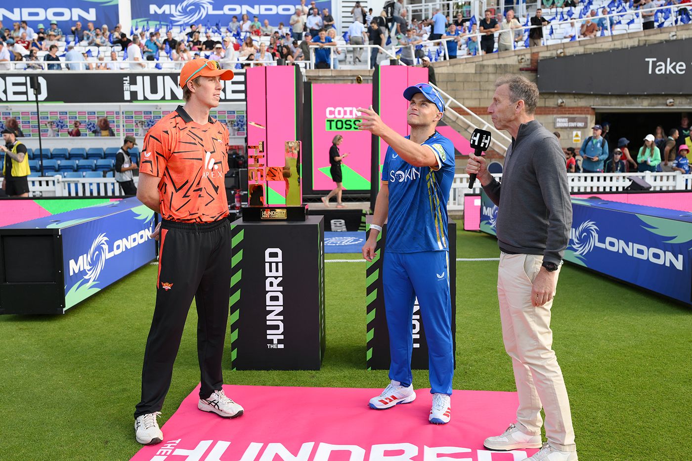 Zak Crawley, Sam Curran and Michael Atherton at the toss